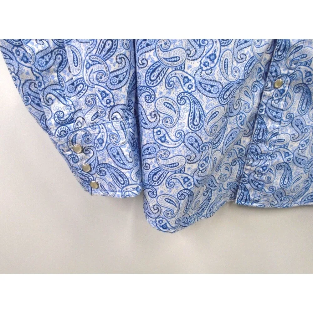 Wrangler Wrancher Western Shirt Men's XL Blue Paisley AOP Pearl Snap Long Sleeve - Picture 5 of 9